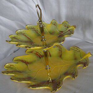 MCM Vintage Calif. Pottery USA Mid Century Yellow 2 Tier Maple Leaf Tidbit Tray